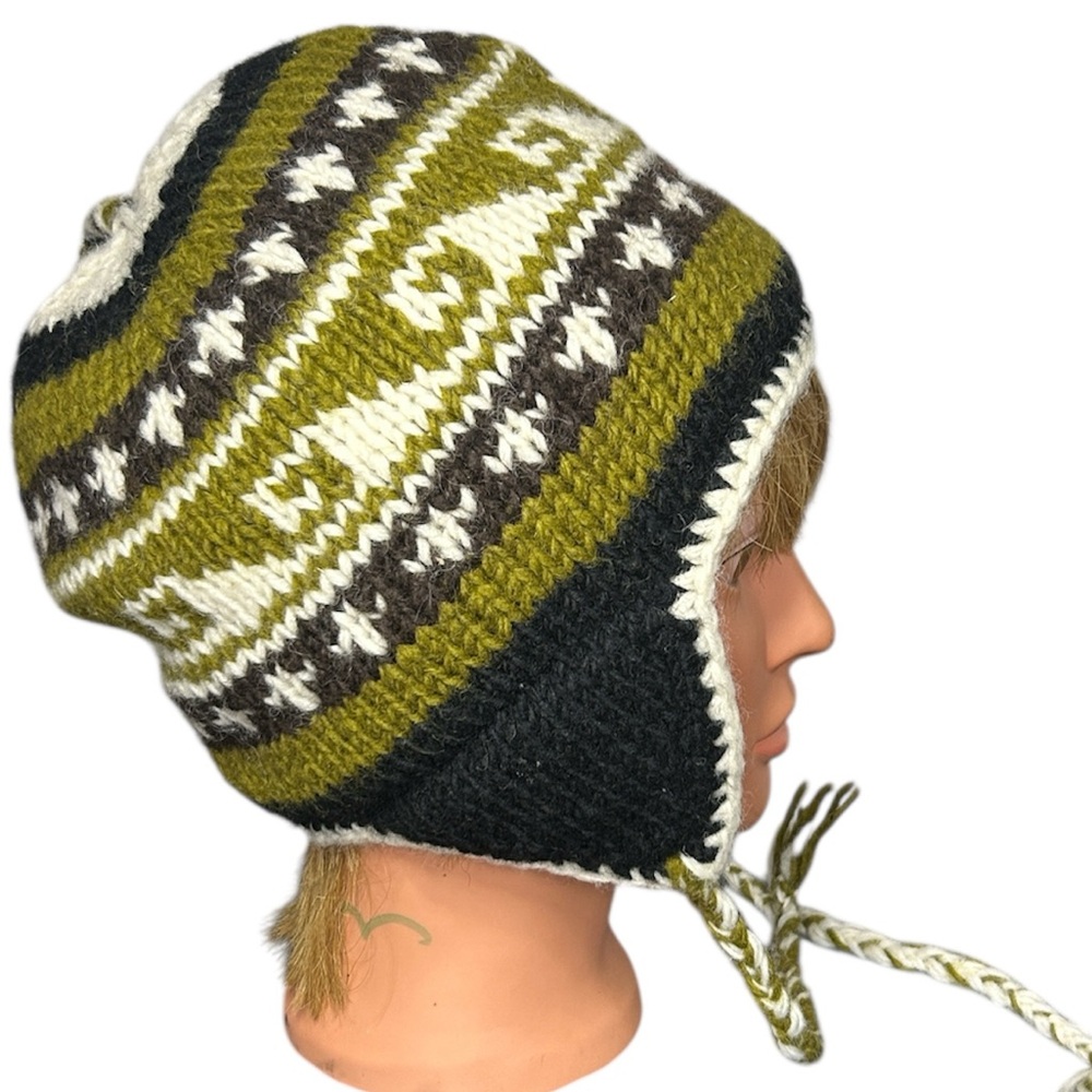 Wool Earflap Beanie‎ Hat Fleece Lined Green Black Fair Isle Knit Made in Nepal